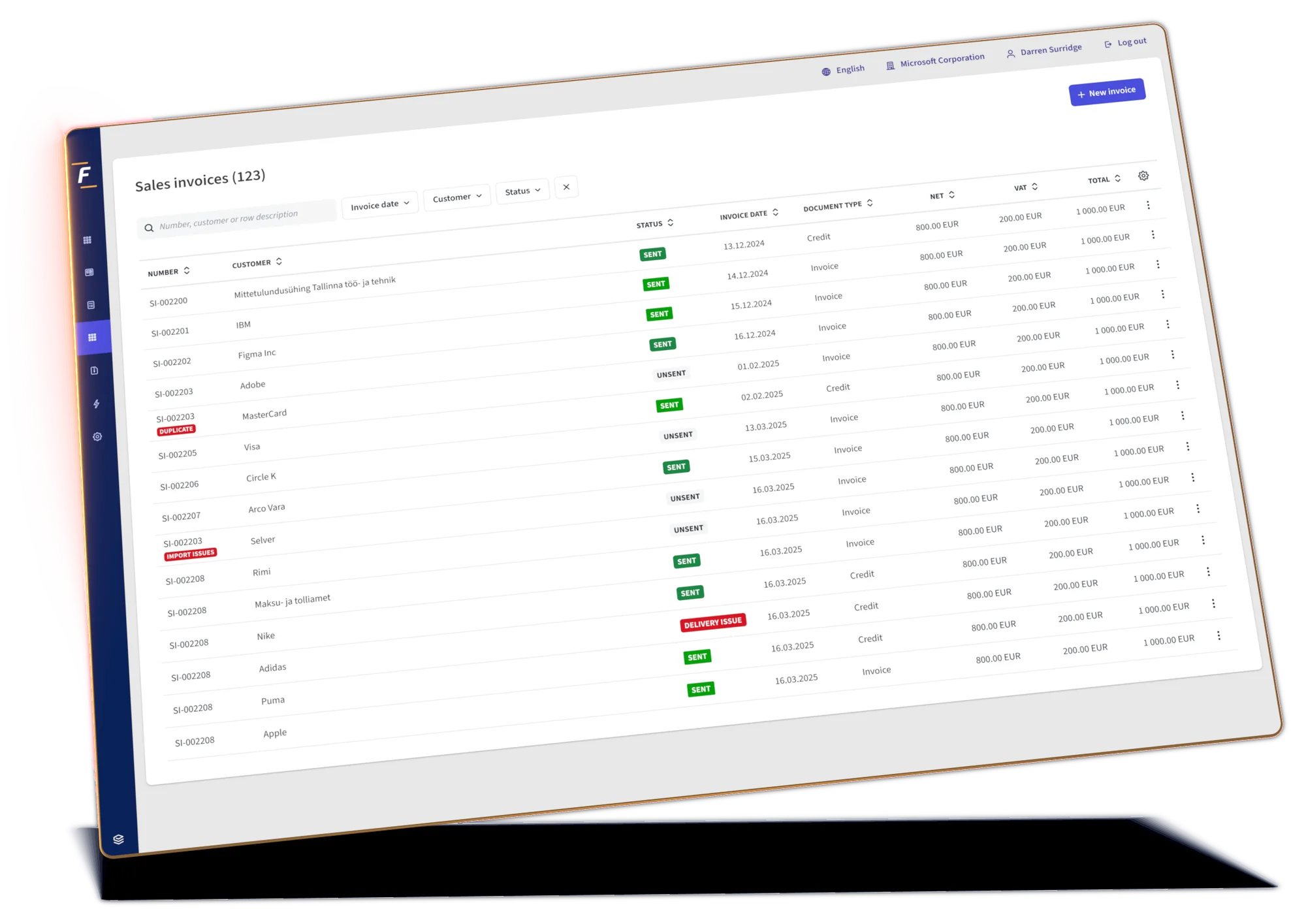 Fitek-platformscherm: verkoopfacturen en status van e-facturen
